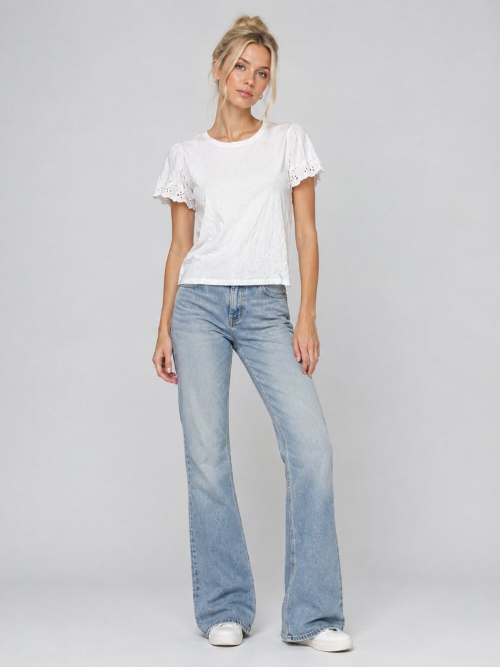 2/$30 TAHARI Eyelet Lace Trim Short Sleeve Tee White Medium #A4839